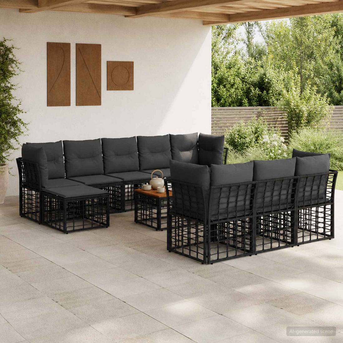 vidaXL Conjunto de sofás de exterior 11 uds. Negro y Gris oscuro