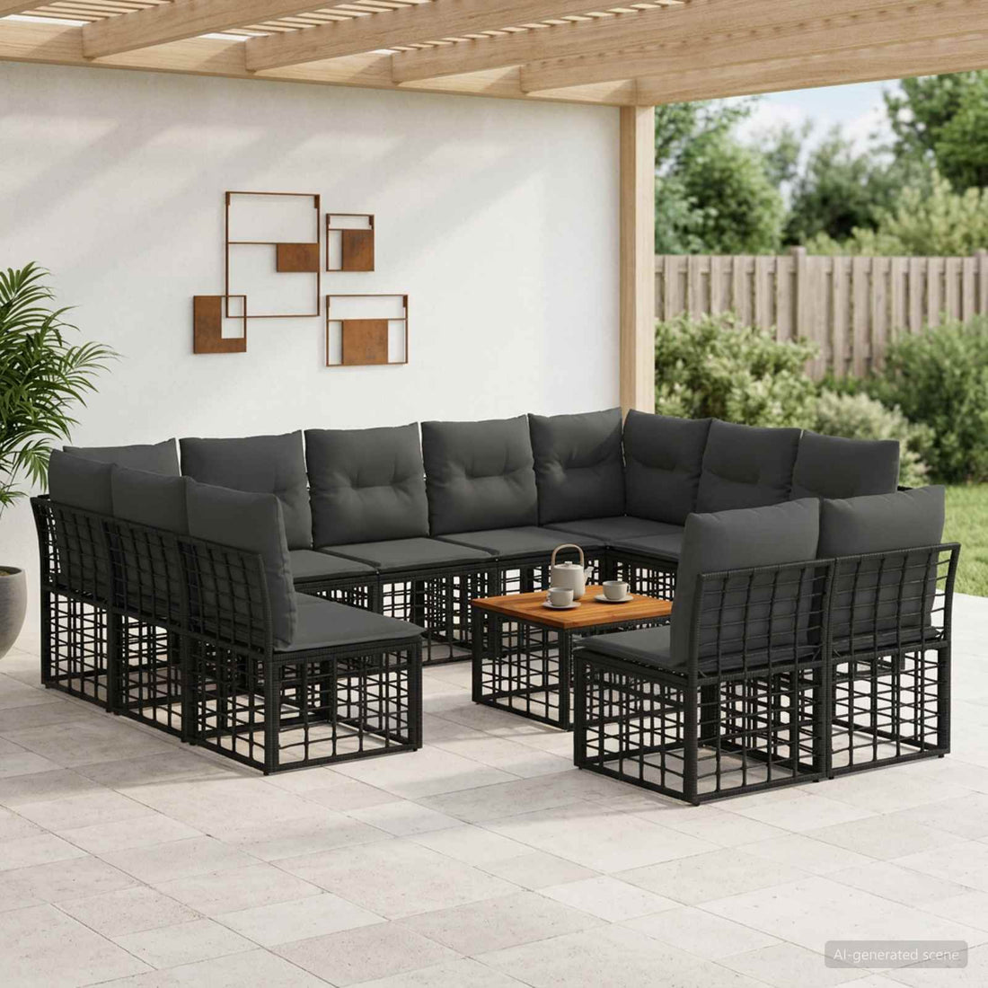 vidaXL Conjunto de sofás de exterior 12 uds. Negro y Gris oscuro