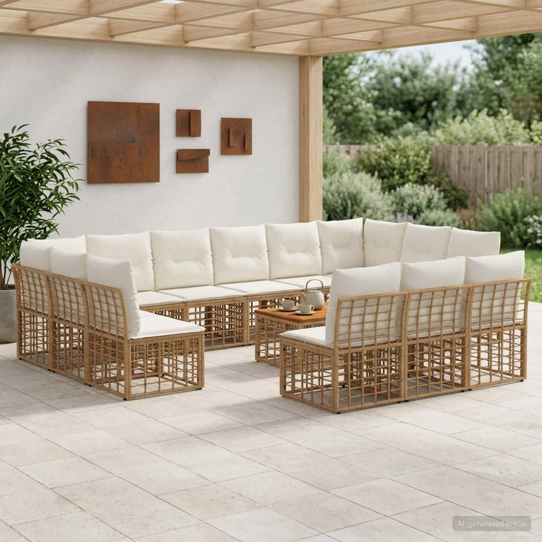 vidaXL Conjunto de sofás de exterior 14 uds. Natural y Crema Poliéster