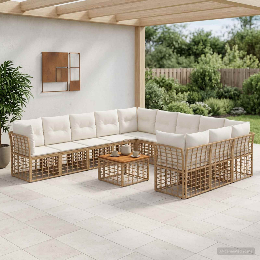 vidaXL Conjunto de sofás de exterior 12 uds. Natural y Crema Poliéster