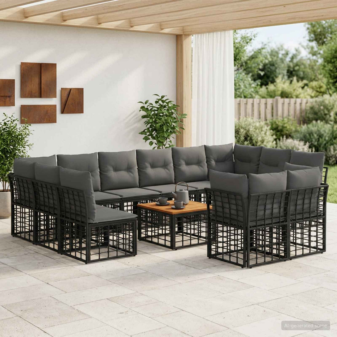 vidaXL Conjunto de sofás de exterior 13 uds. Negro y Gris oscuro