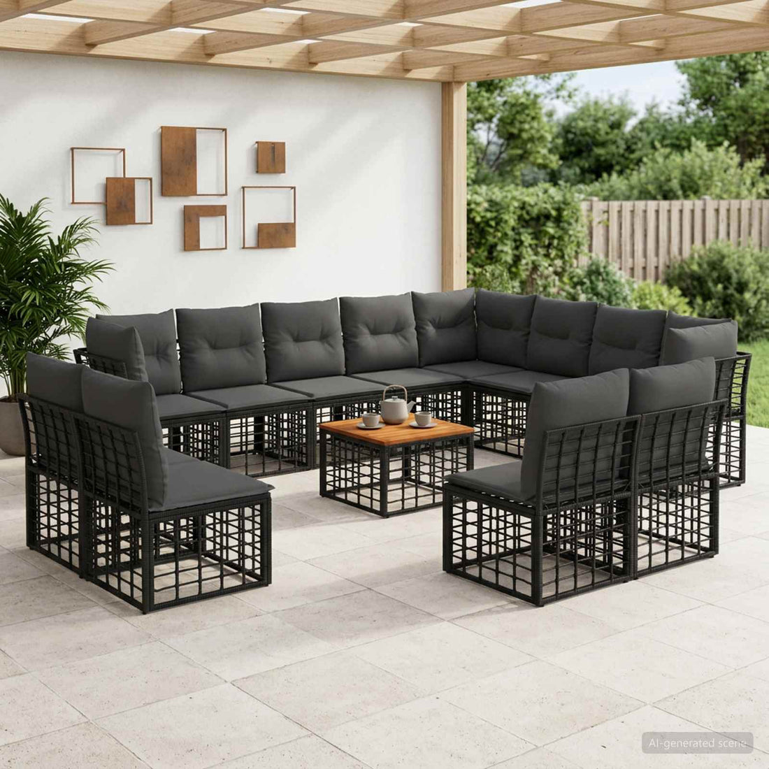vidaXL Conjunto de sofás de exterior 13 uds. Negro y Gris oscuro