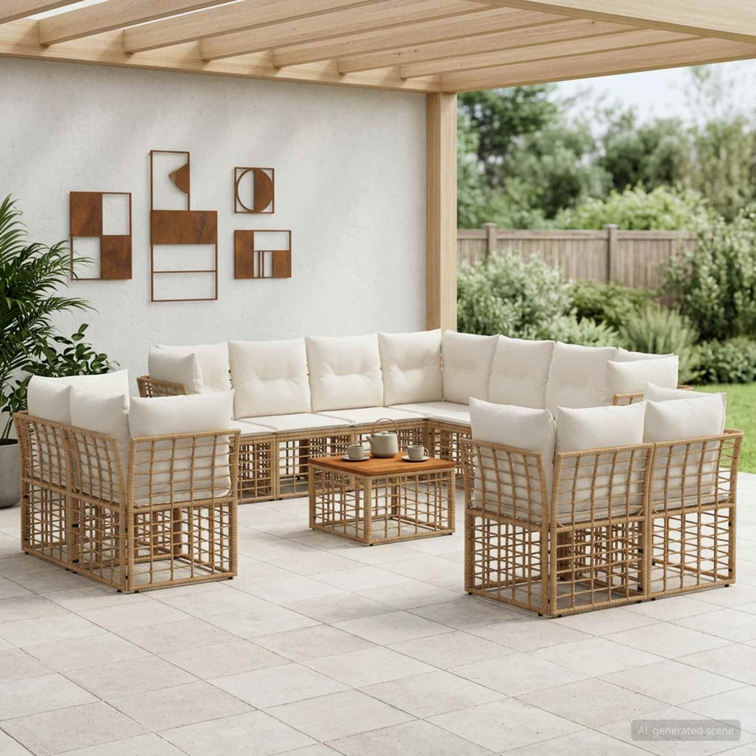 vidaXL Conjunto de sofás de exterior 12 uds. Natural y Crema Poliéster