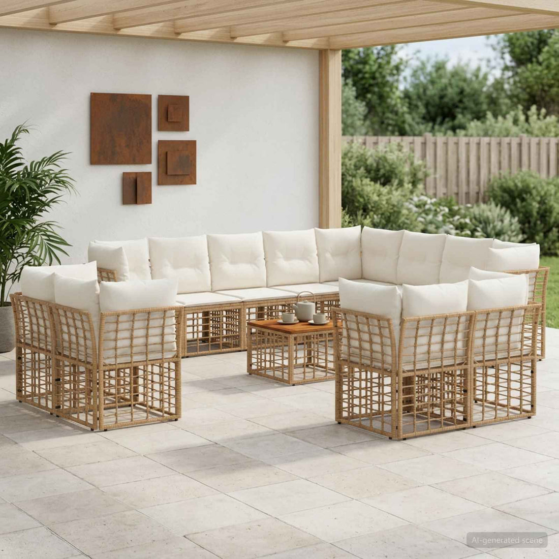 vidaXL Conjunto de sofás de exterior 13 uds. Natural y Crema Poliéster