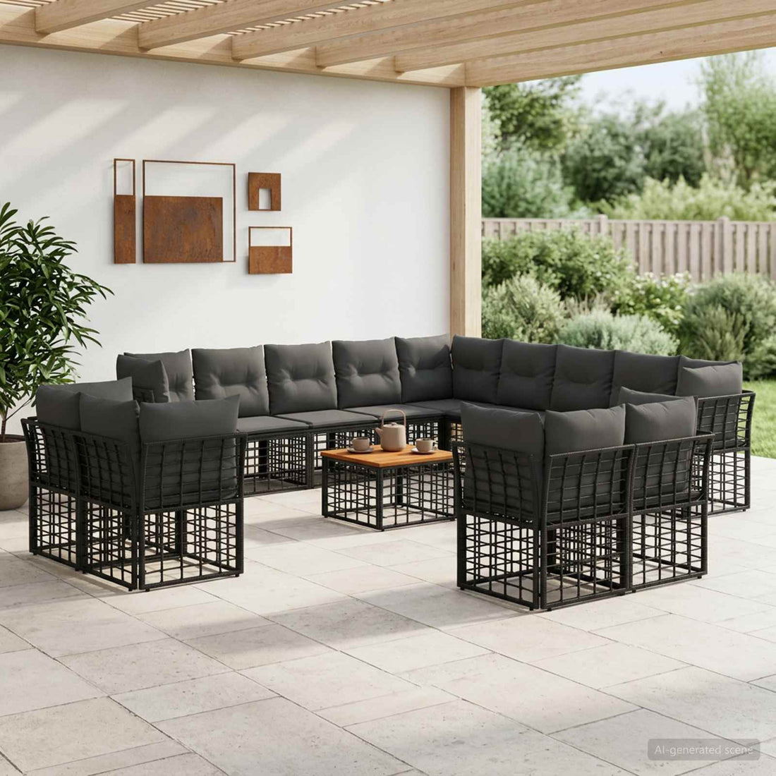 vidaXL Conjunto de sofás de exterior 14 uds. Negro y Gris oscuro