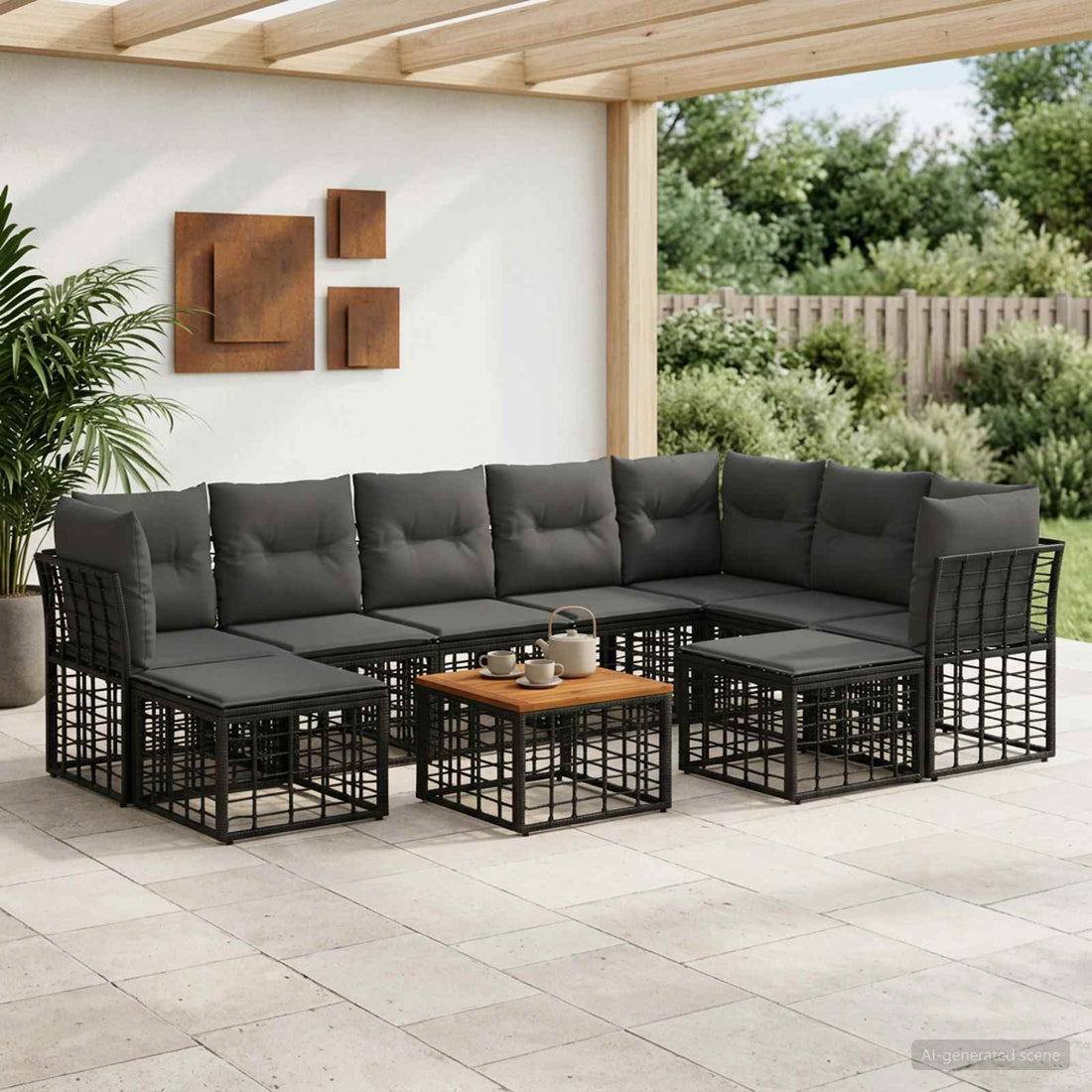 vidaXL Conjunto de sofás de exterior 10 uds. Negro y Gris oscuro