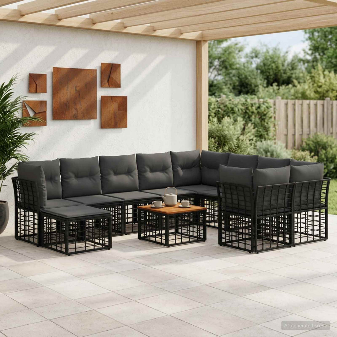 vidaXL Conjunto de sofás de exterior 11 uds. Negro y Gris oscuro