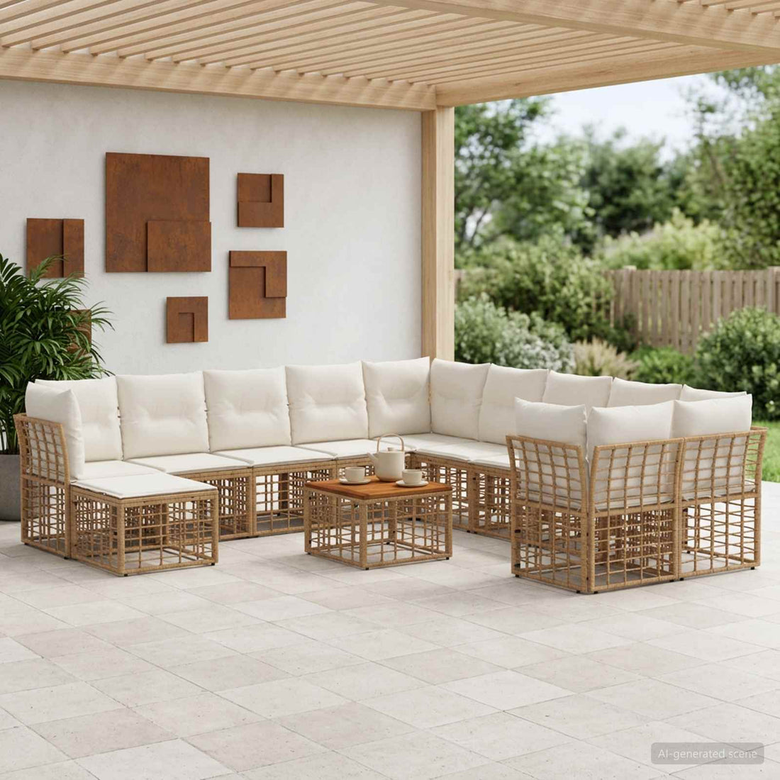 vidaXL Conjunto de sofás de exterior 12 uds. Natural y Crema Poliéster