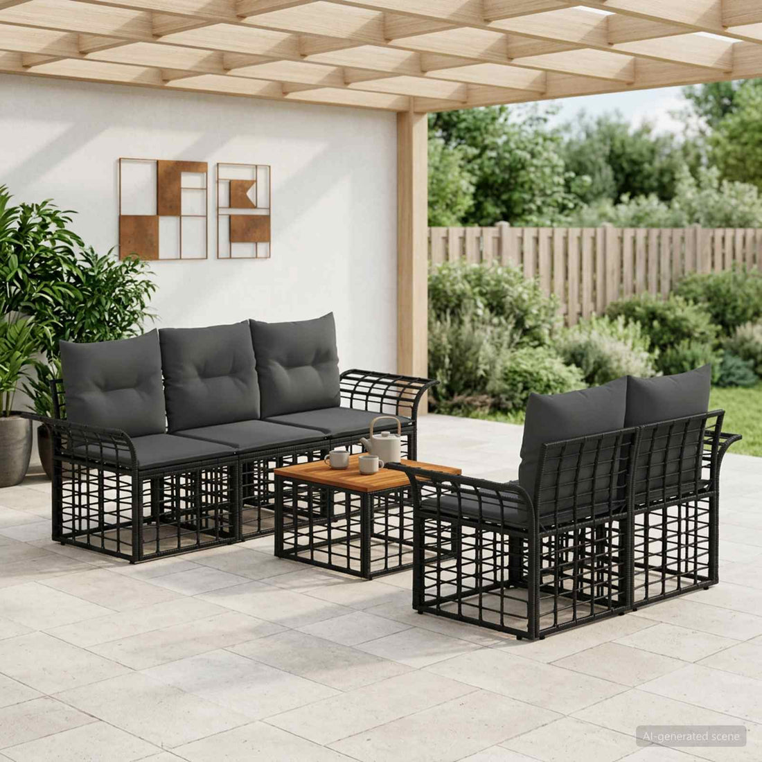 vidaXL Conjunto de sofás de exterior 6 uds. Negro y Gris oscuro