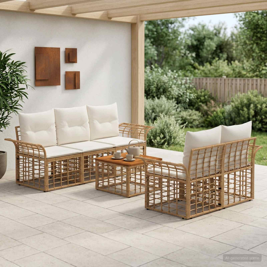vidaXL Conjunto de sofás de exterior 6 uds. Natural y Crema