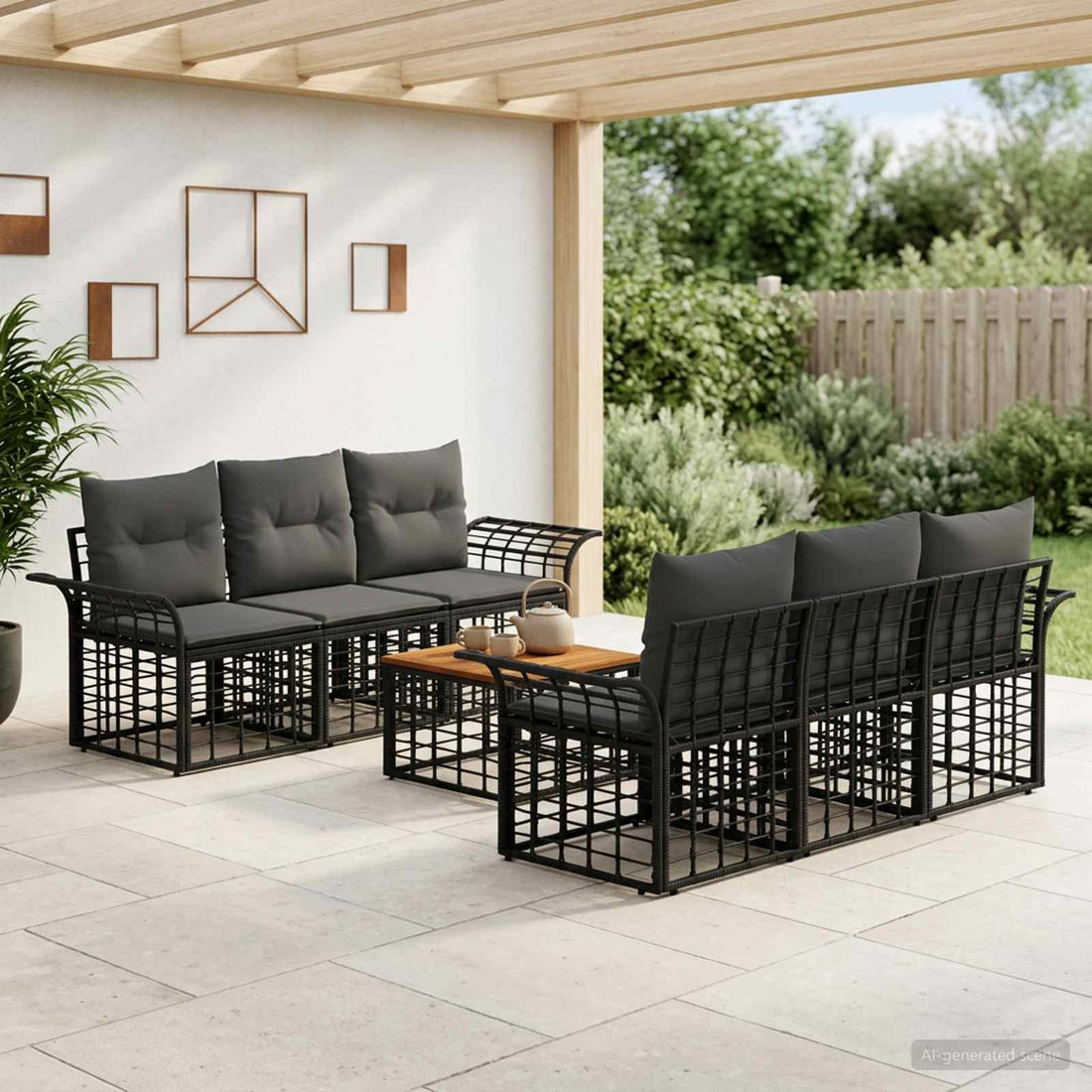 vidaXL Conjunto de sofás de exterior 7 uds. Negro y Gris oscuro