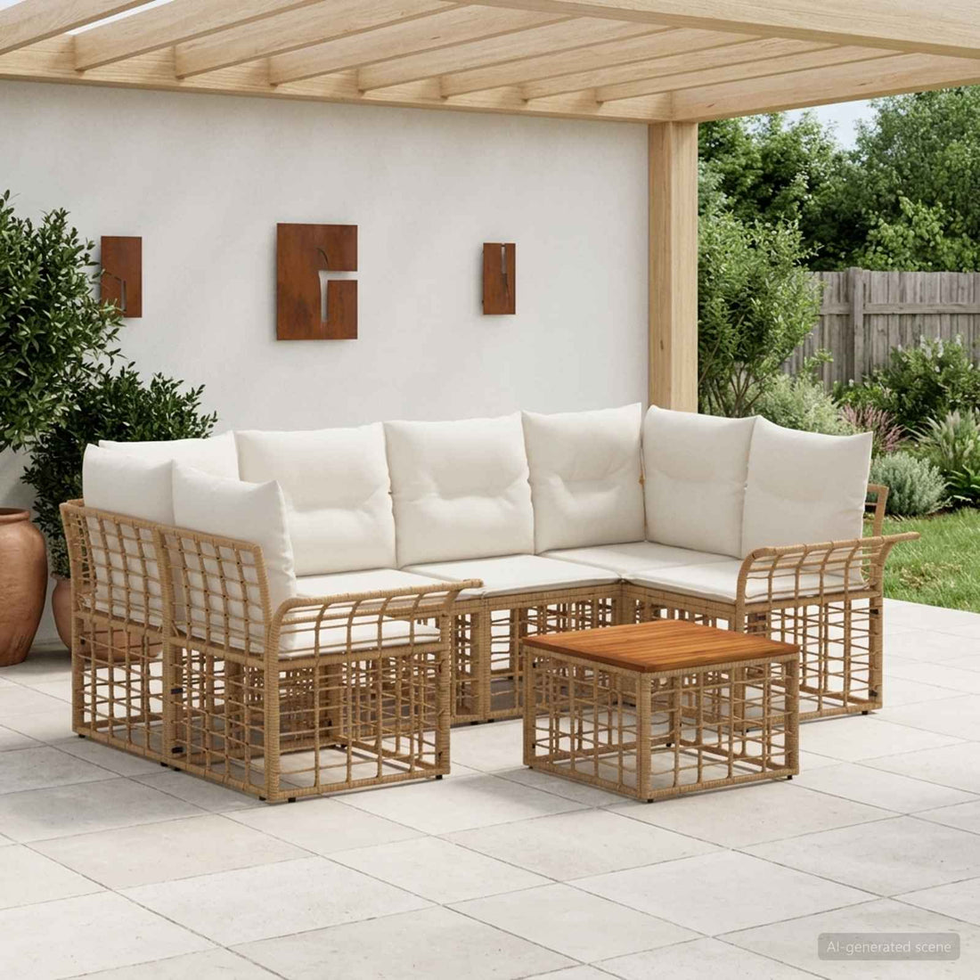 vidaXL Conjunto de sofás de exterior 7 uds. Natural y Crema