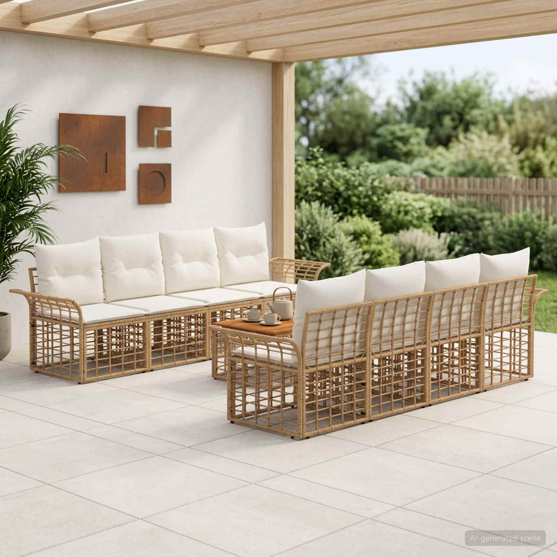 vidaXL Conjunto de sofás de exterior 9 uds. Natural y Crema