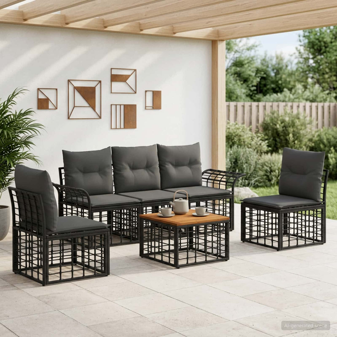 vidaXL Conjunto de sofás de exterior 6 uds. Negro y Gris oscuro