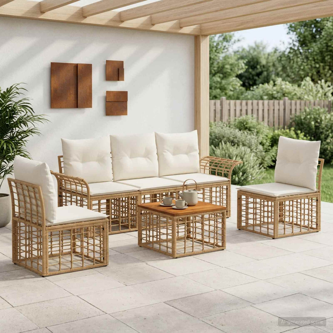 vidaXL Conjunto de sofás de exterior 6 uds. Natural y Crema Poliéster