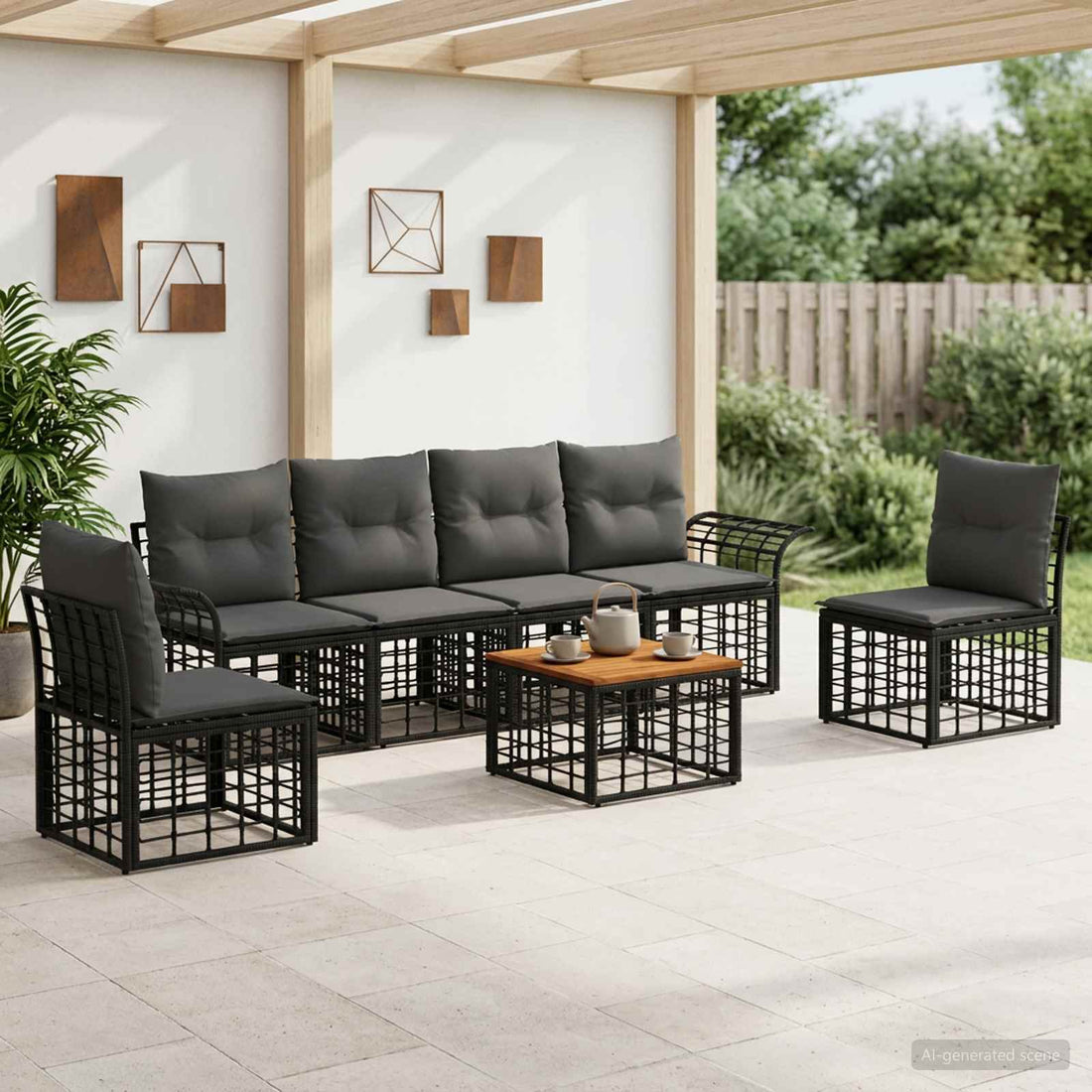 vidaXL Conjunto de sofás de exterior 7 uds. Negro y Gris oscuro