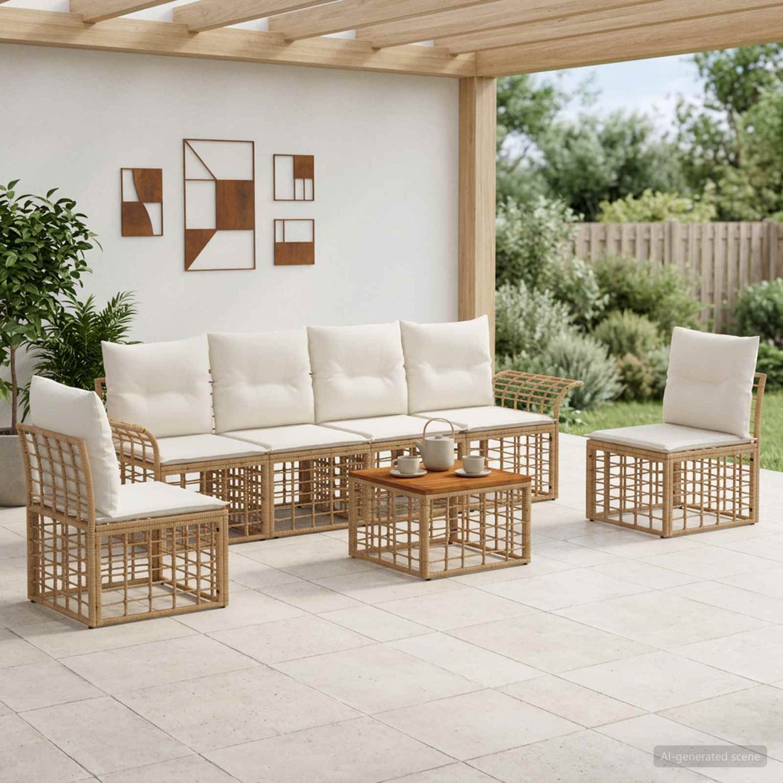 vidaXL Conjunto de sofás de exterior 7 uds. Natural y Crema Poliéster