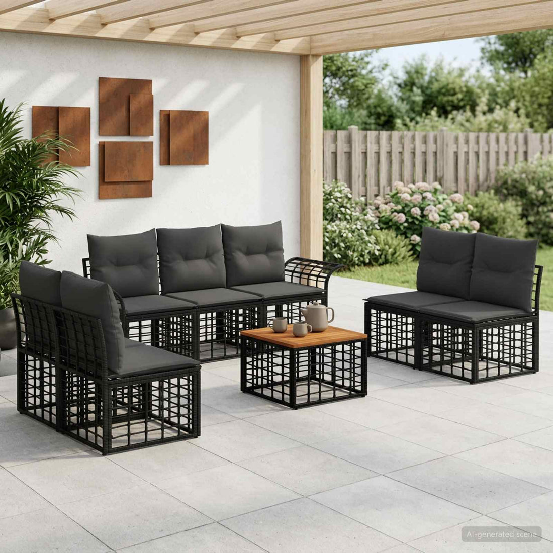 vidaXL Conjunto de sofás de exterior 8 uds. Negro y Gris oscuro