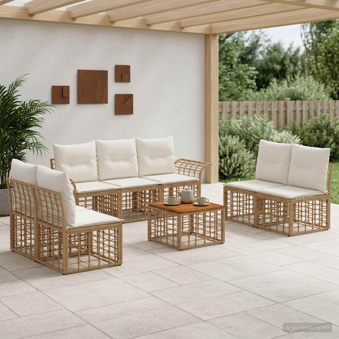 vidaXL Conjunto de sofás de exterior 8 uds. Natural y Crema Poliéster
