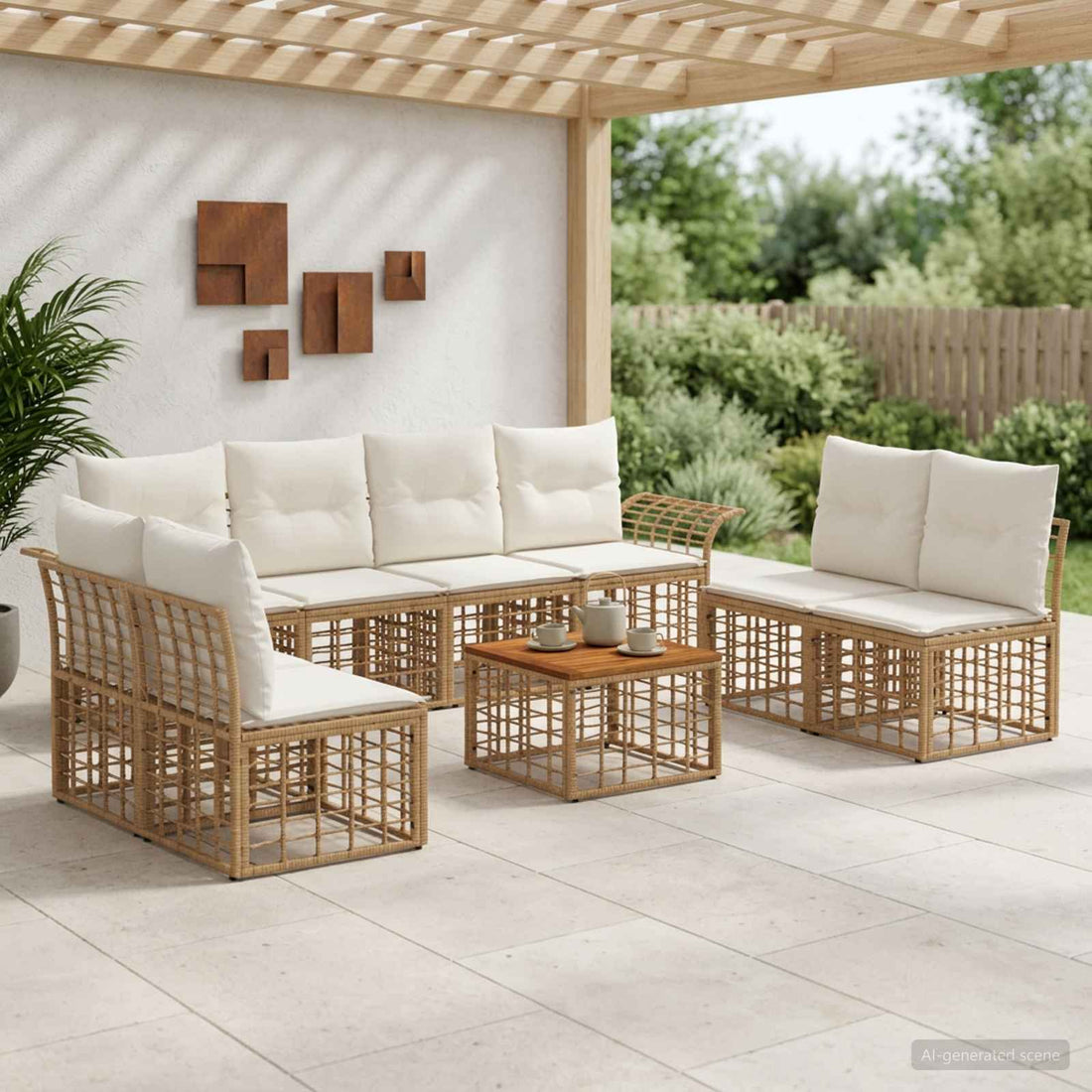 vidaXL Conjunto de sofás de exterior 9 uds. Natural y Crema Poliéster