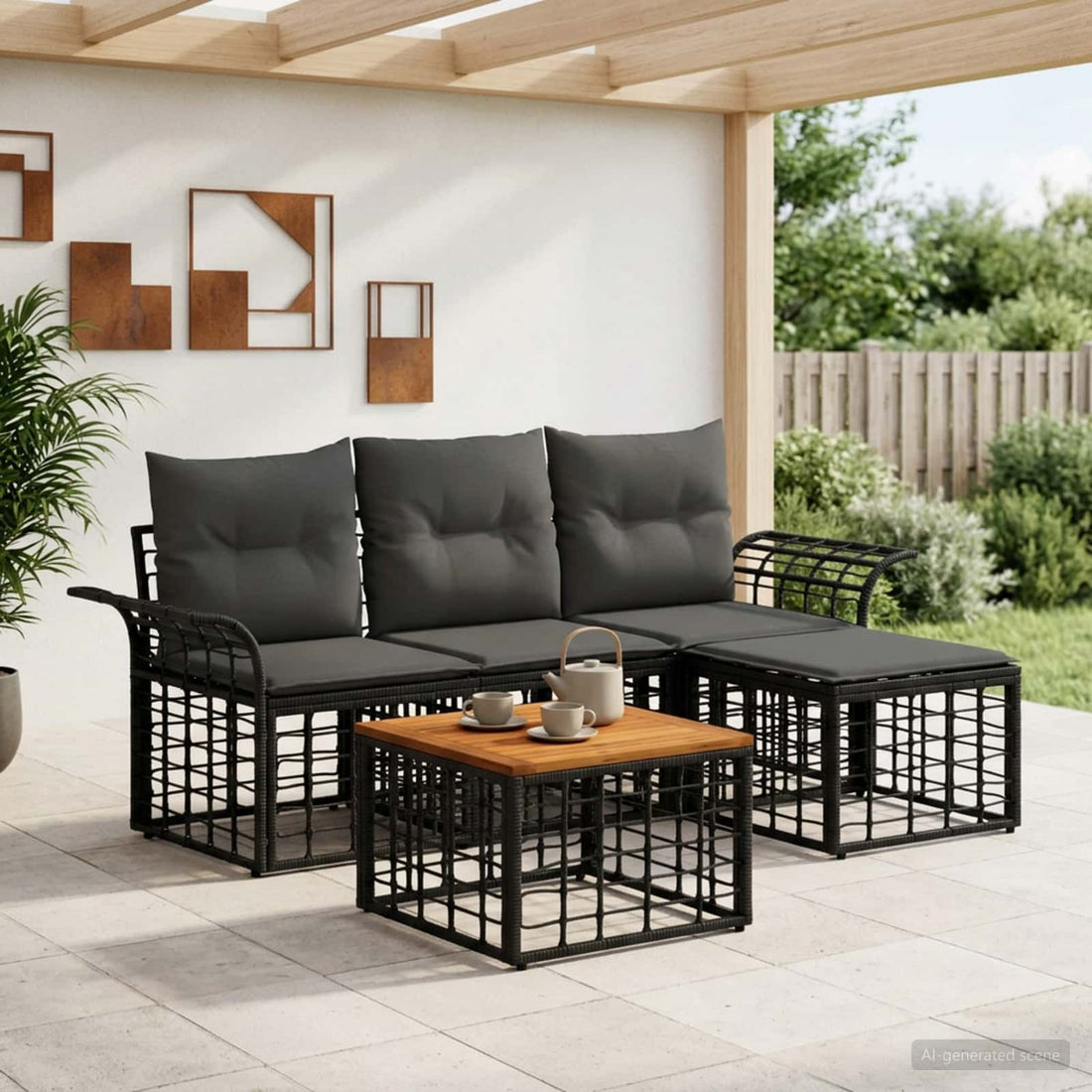 vidaXL Conjunto de sofás de exterior 5 uds. Negro y Gris oscuro