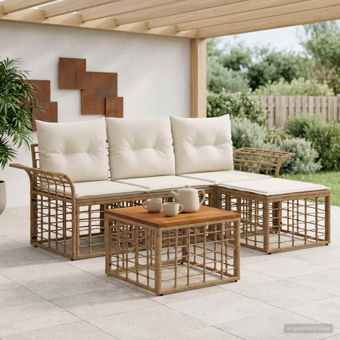 vidaXL Conjunto de sofás de exterior 5 uds. Natural y Crema Poliéster