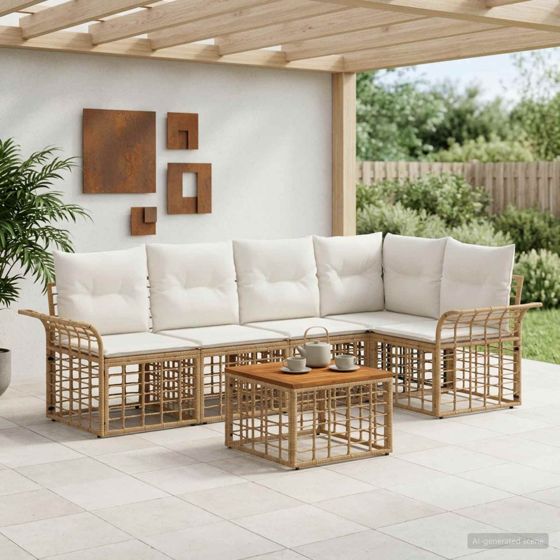vidaXL Conjunto de sofás de exterior 6 uds. Natural y Crema Poliéster