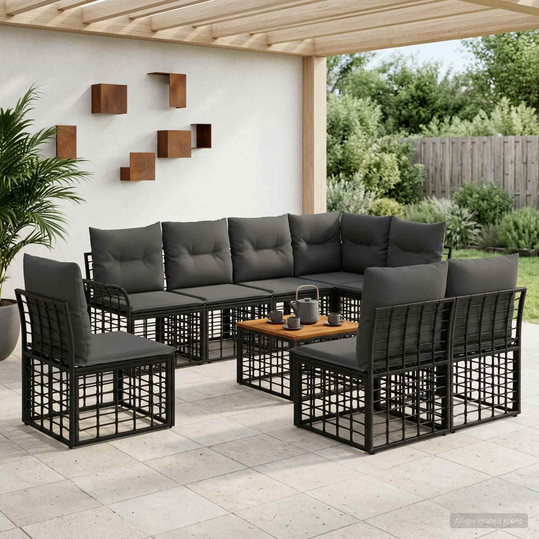 vidaXL Conjunto de sofás de exterior 9 uds. Negro y Gris oscuro