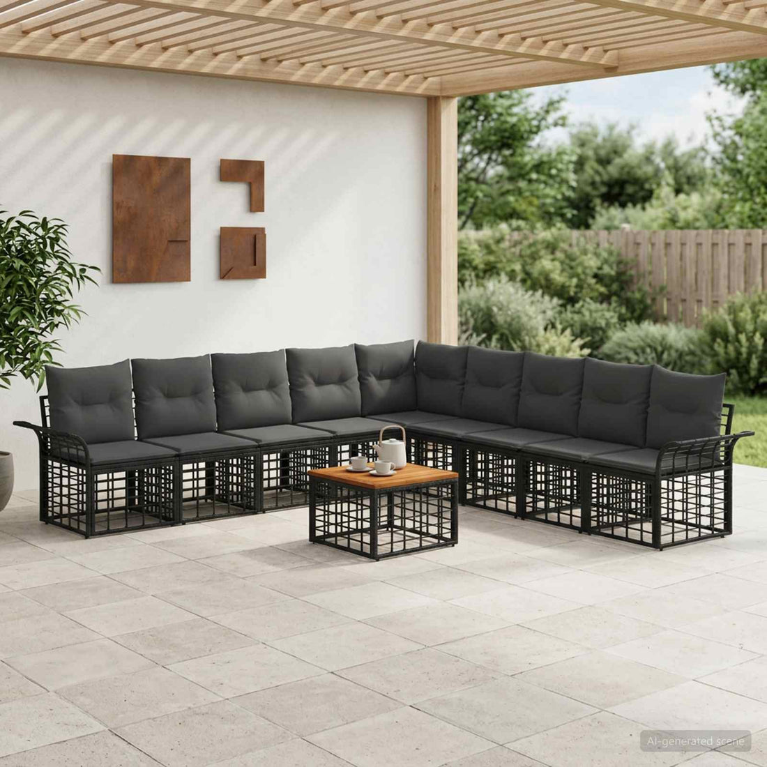 vidaXL Conjunto de sofás de exterior 10 uds. Negro y Gris oscuro