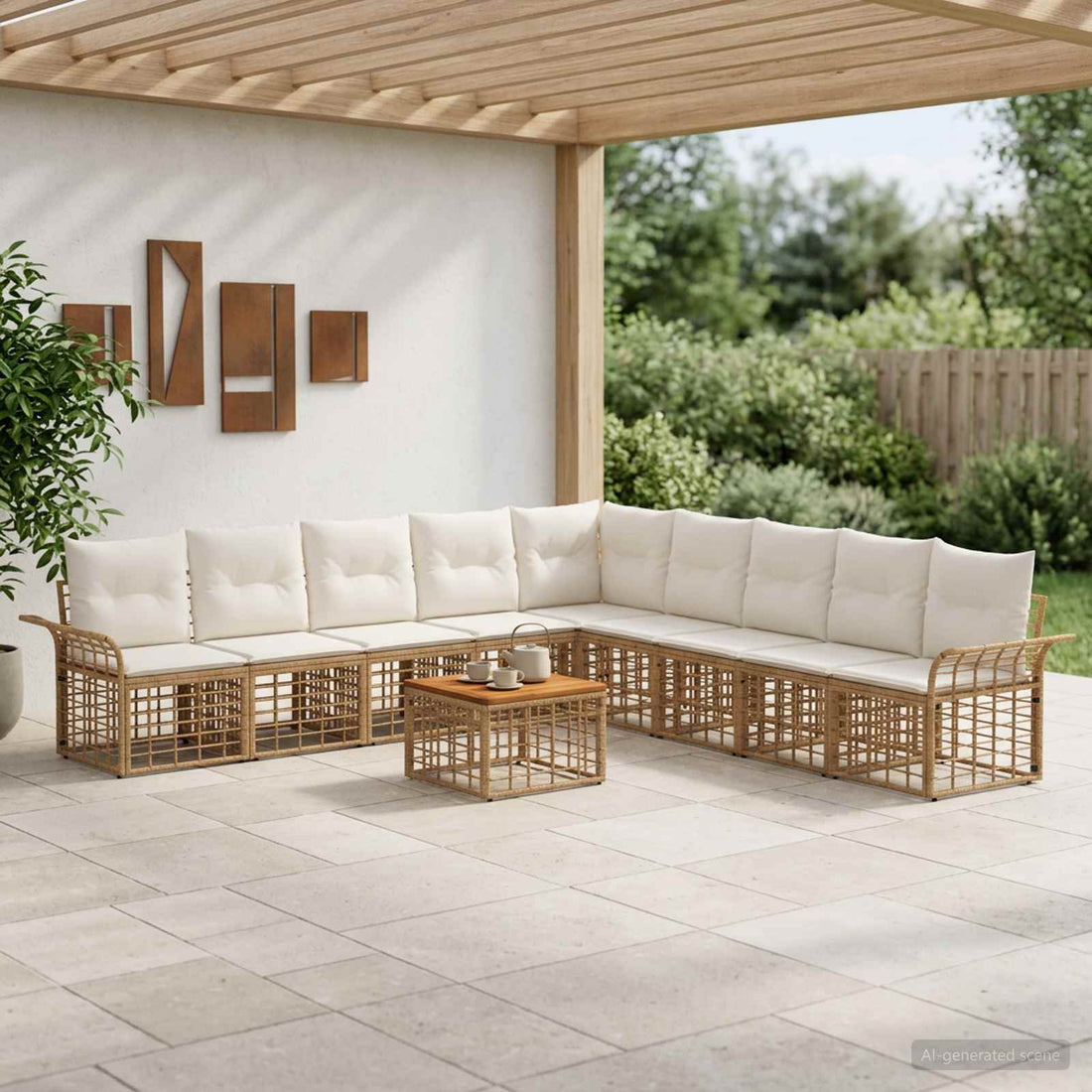 vidaXL Conjunto de sofás de exterior 10 uds. Natural y Crema Poliéster
