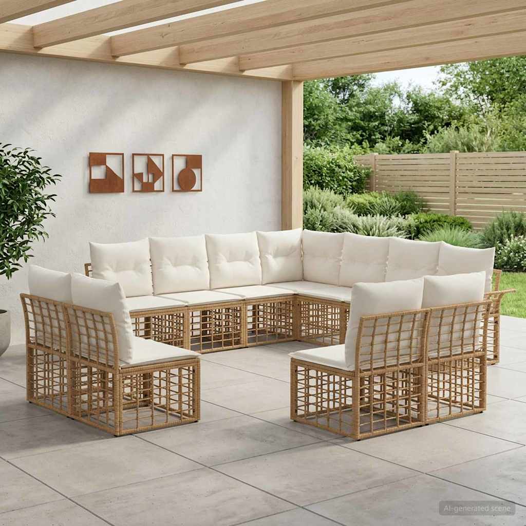 vidaXL Conjunto de sofás de exterior 11 uds. Natural y Crema Poliéster