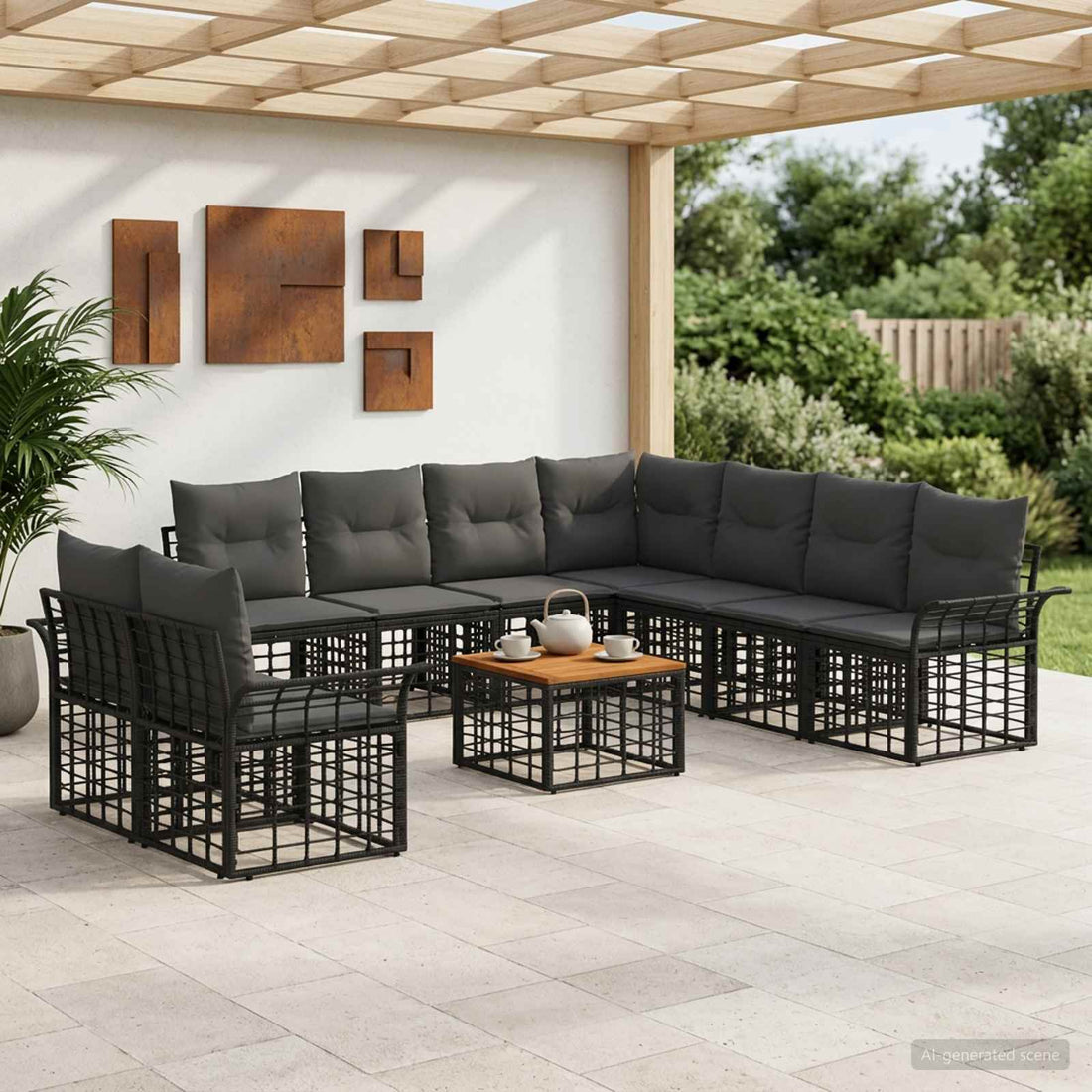 vidaXL Conjunto de sofás de exterior 10 uds. Negro y Gris oscuro