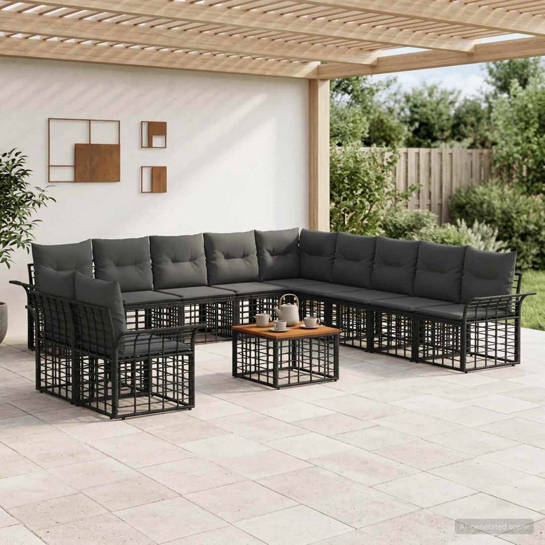 vidaXL Conjunto de sofás de exterior 12 uds. Negro y Gris oscuro