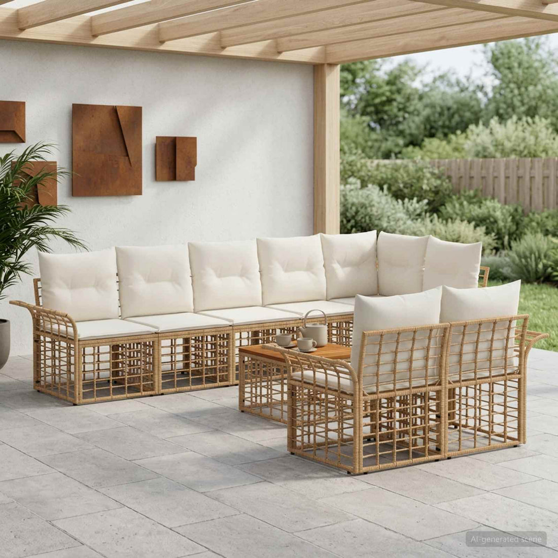 vidaXL Conjunto de sofás de exterior 9 uds. Natural y Crema