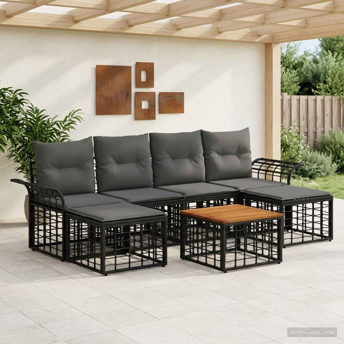 vidaXL Conjunto de sofás de exterior 7 uds. Negro y Gris oscuro