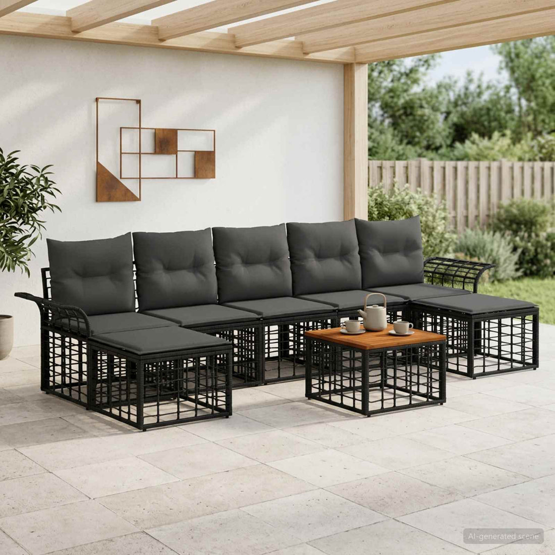 vidaXL Conjunto de sofás de exterior 8 uds. Negro y Gris oscuro
