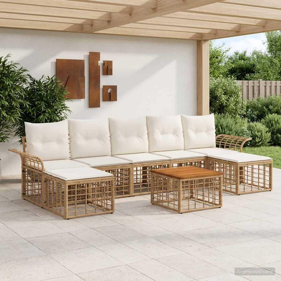 vidaXL Conjunto de sofás de exterior 8 uds. Natural y Crema Poliéster