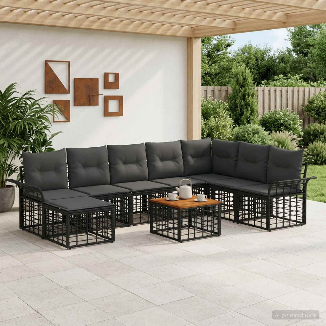 vidaXL Conjunto de sofás de exterior 9 uds. Negro y Gris oscuro