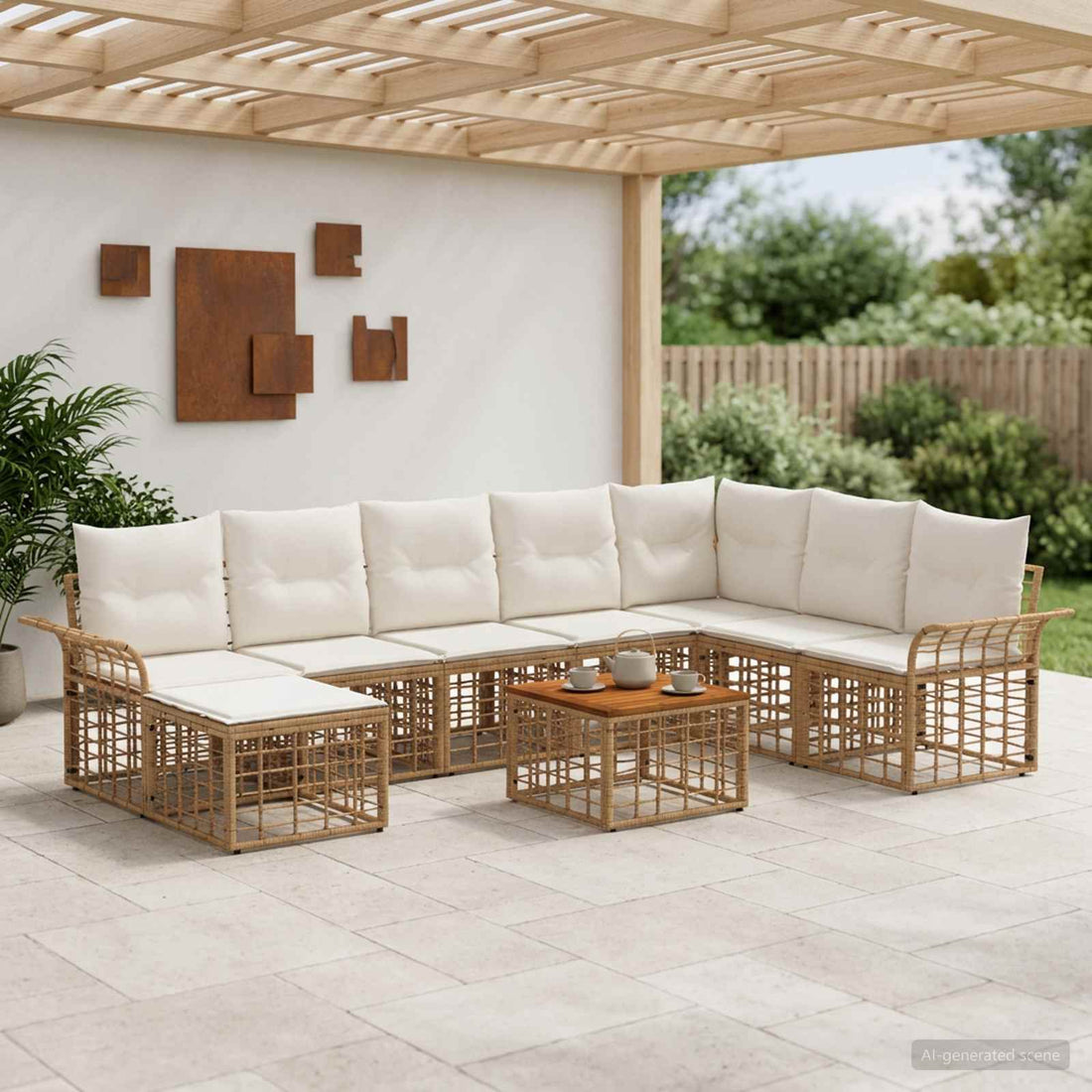 vidaXL Conjunto de sofás de exterior 9 uds. Natural y Crema Poliéster