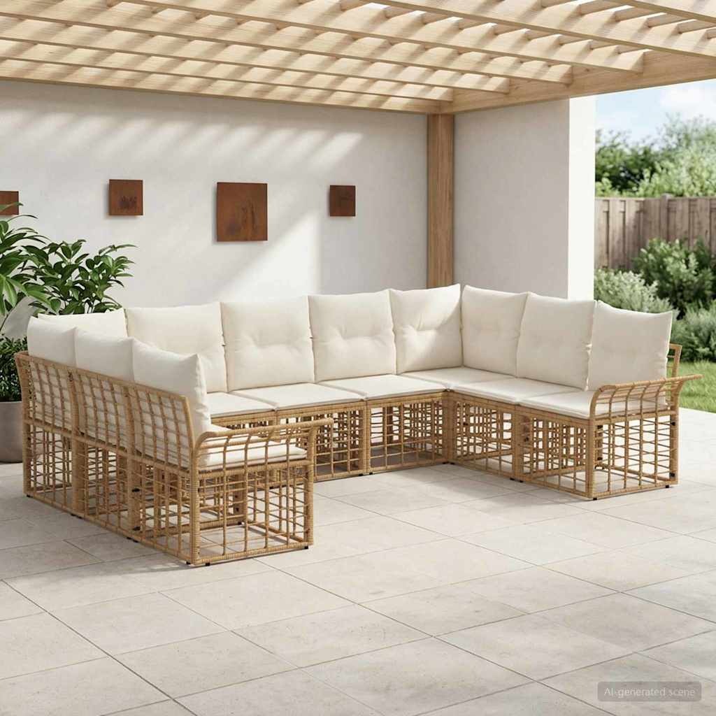 vidaXL Conjunto de sofás de exterior 9 uds. Natural y Crema Poliéster