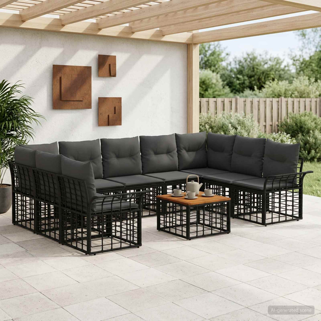 vidaXL Conjunto de sofás de exterior 10 uds. Negro y Gris oscuro