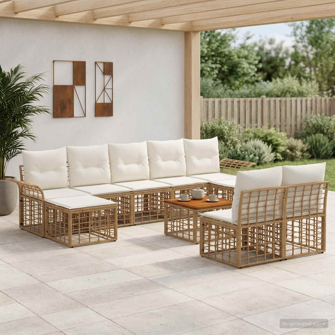 vidaXL Conjunto de sofás de exterior 10 uds. Natural y Crema Poliéster