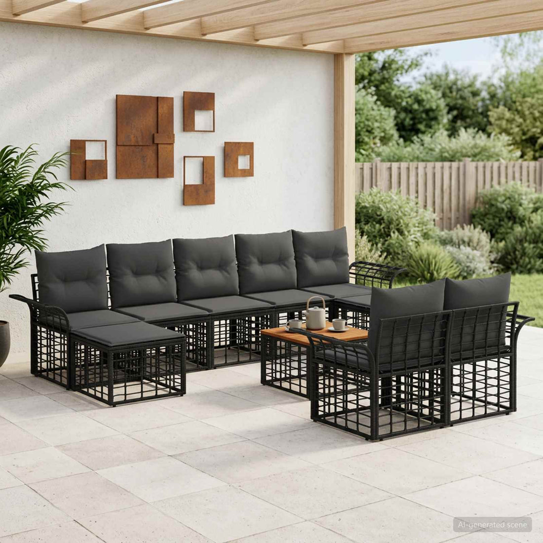 vidaXL Conjunto de sofás de exterior 10 uds. Negro y Gris oscuro