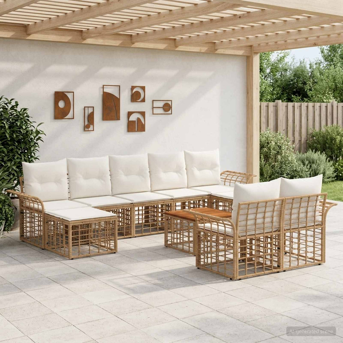 vidaXL Conjunto de sofás de exterior 10 uds. Natural y Crema Poliéster
