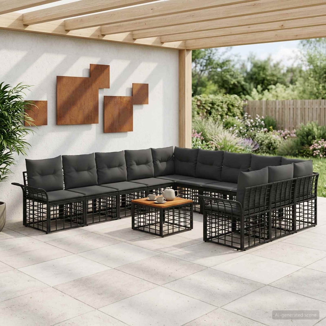 vidaXL Conjunto de sofás de exterior 12 uds. Negro y Gris oscuro