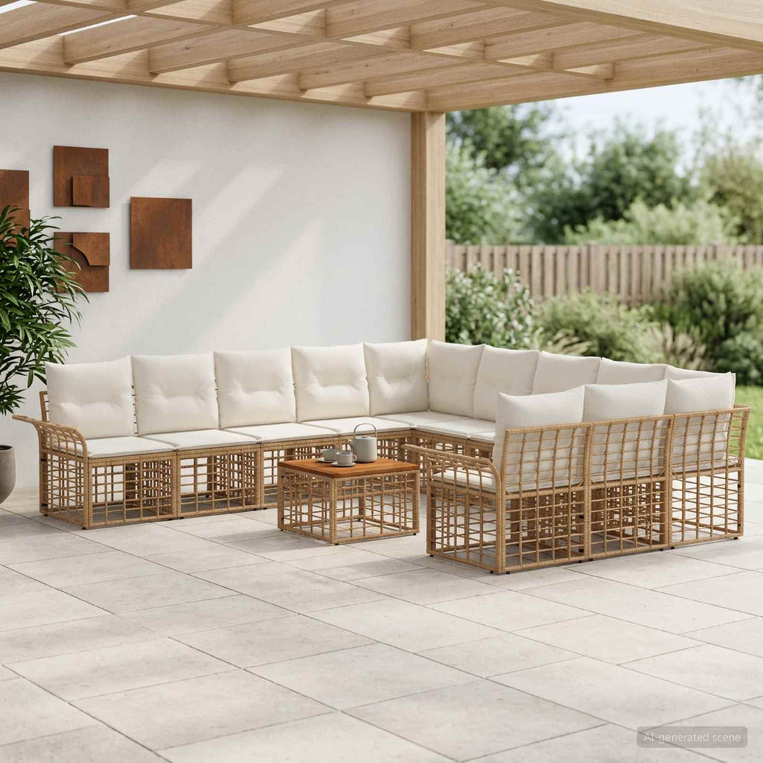 vidaXL Conjunto de sofás de exterior 12 uds. Natural y Crema Poliéster