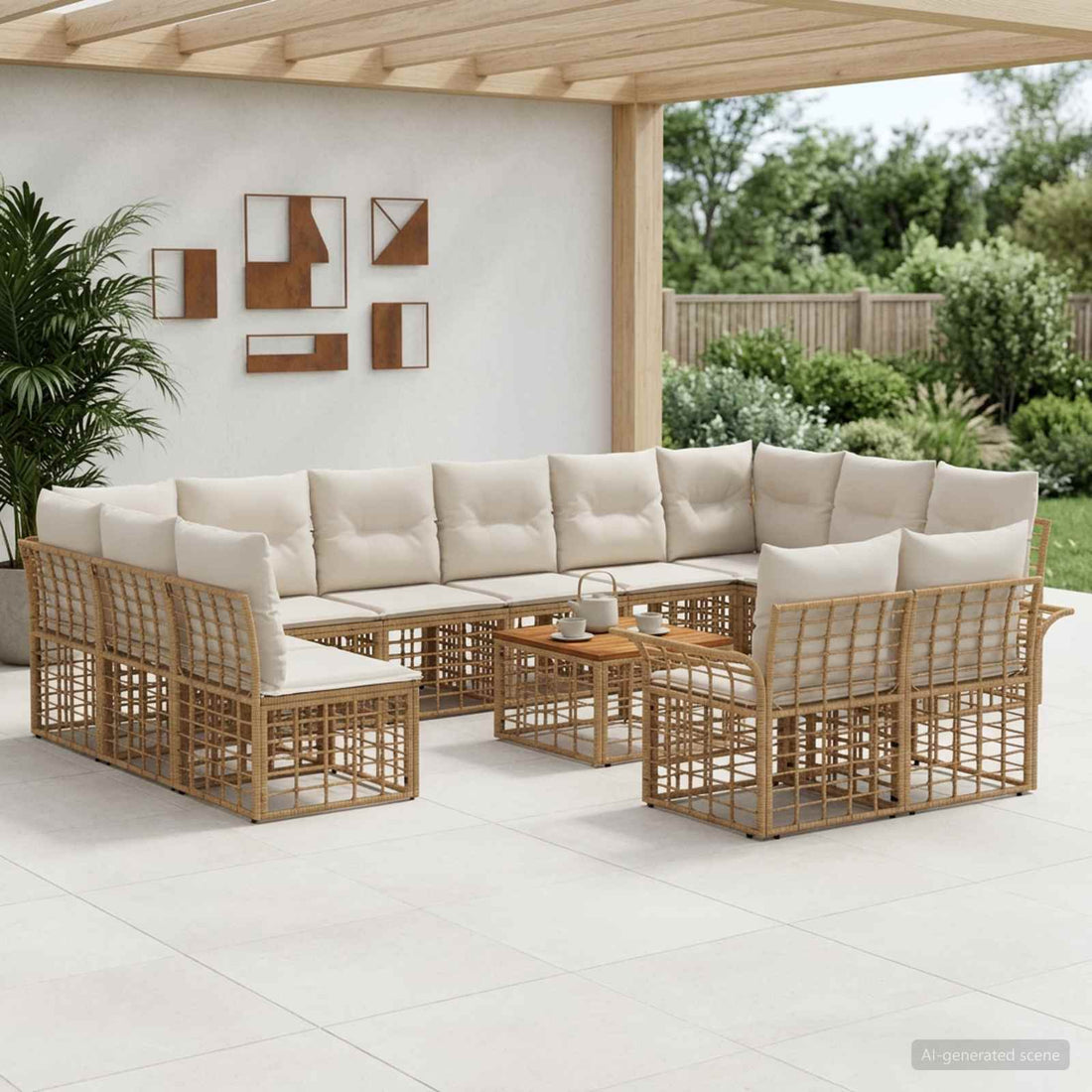 vidaXL Conjunto de sofás de exterior 13 uds. Natural y Crema Poliéster