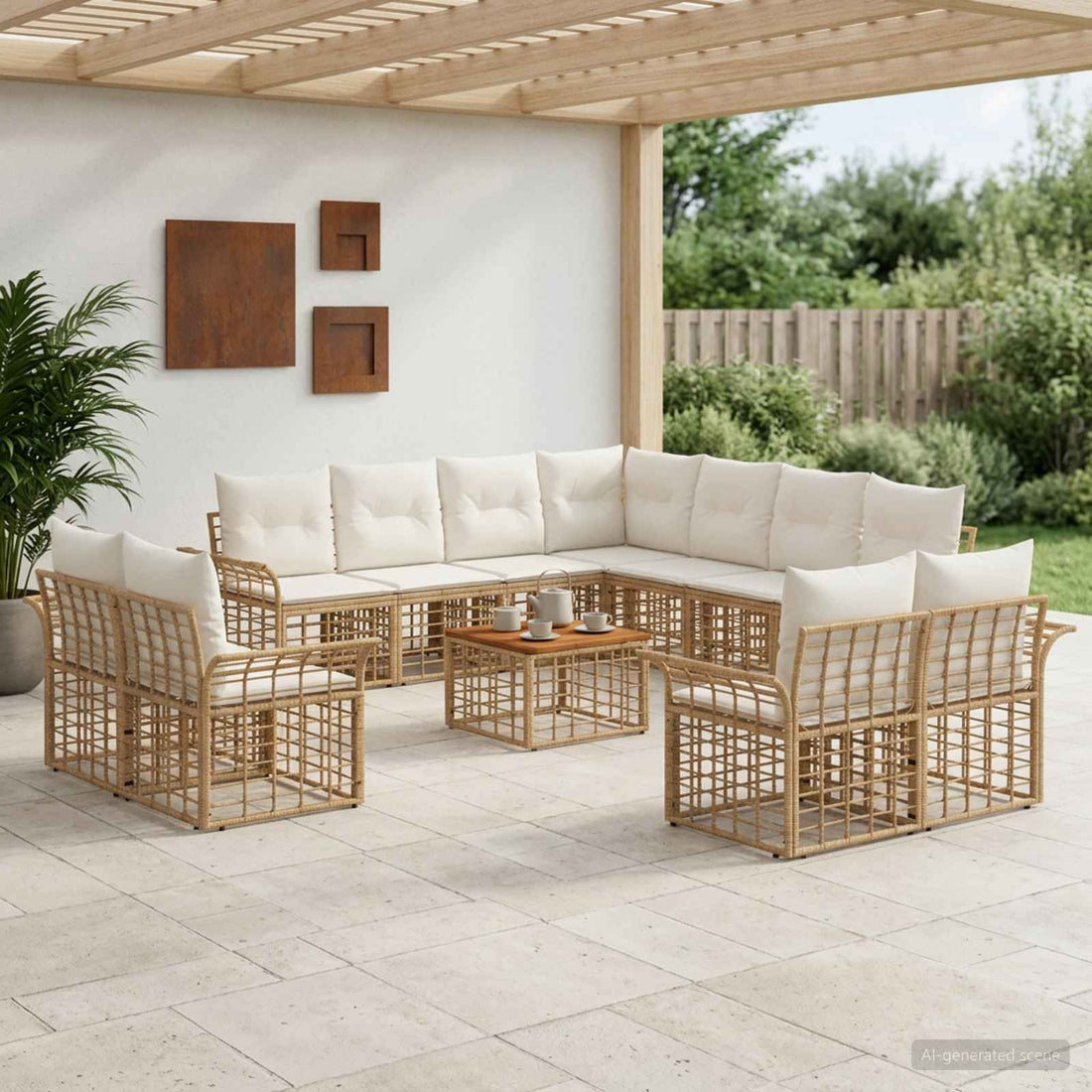 vidaXL Conjunto de sofás de exterior 12 uds. Natural y Crema Poliéster