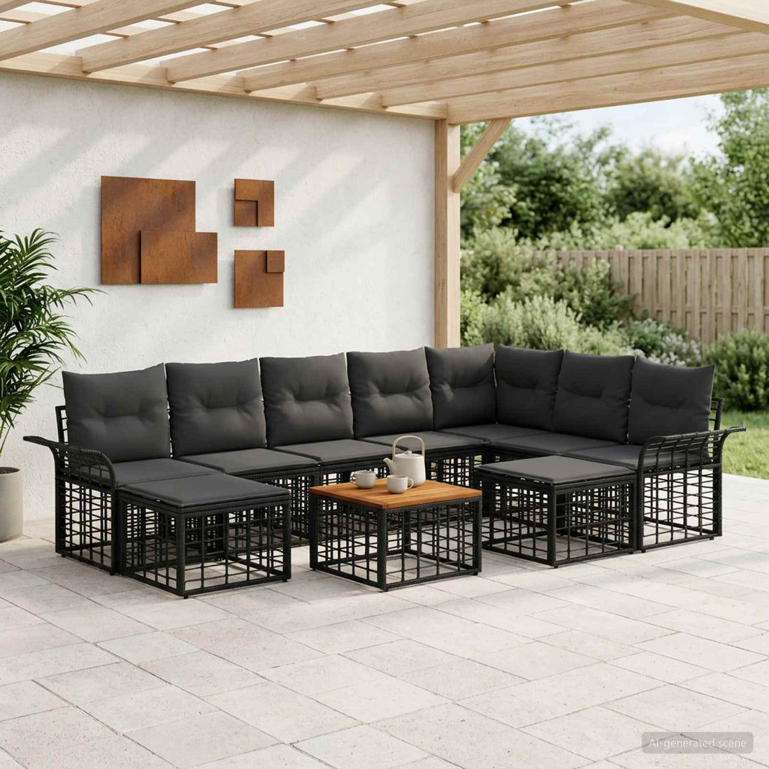 vidaXL Conjunto de sofás de exterior 10 uds. Negro y Gris oscuro