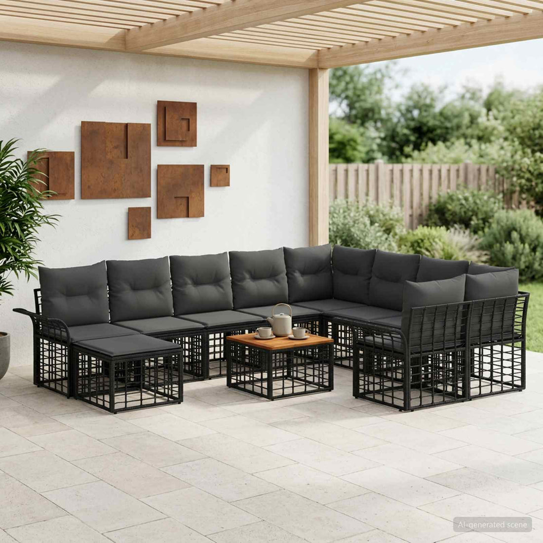 vidaXL Conjunto de sofás de exterior 11 uds. Negro y Gris oscuro